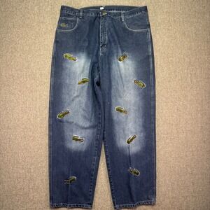 Lacoste All-Over Embroidered Crocodile Denim Jeans Mens Size 42 Y2K Streetwear